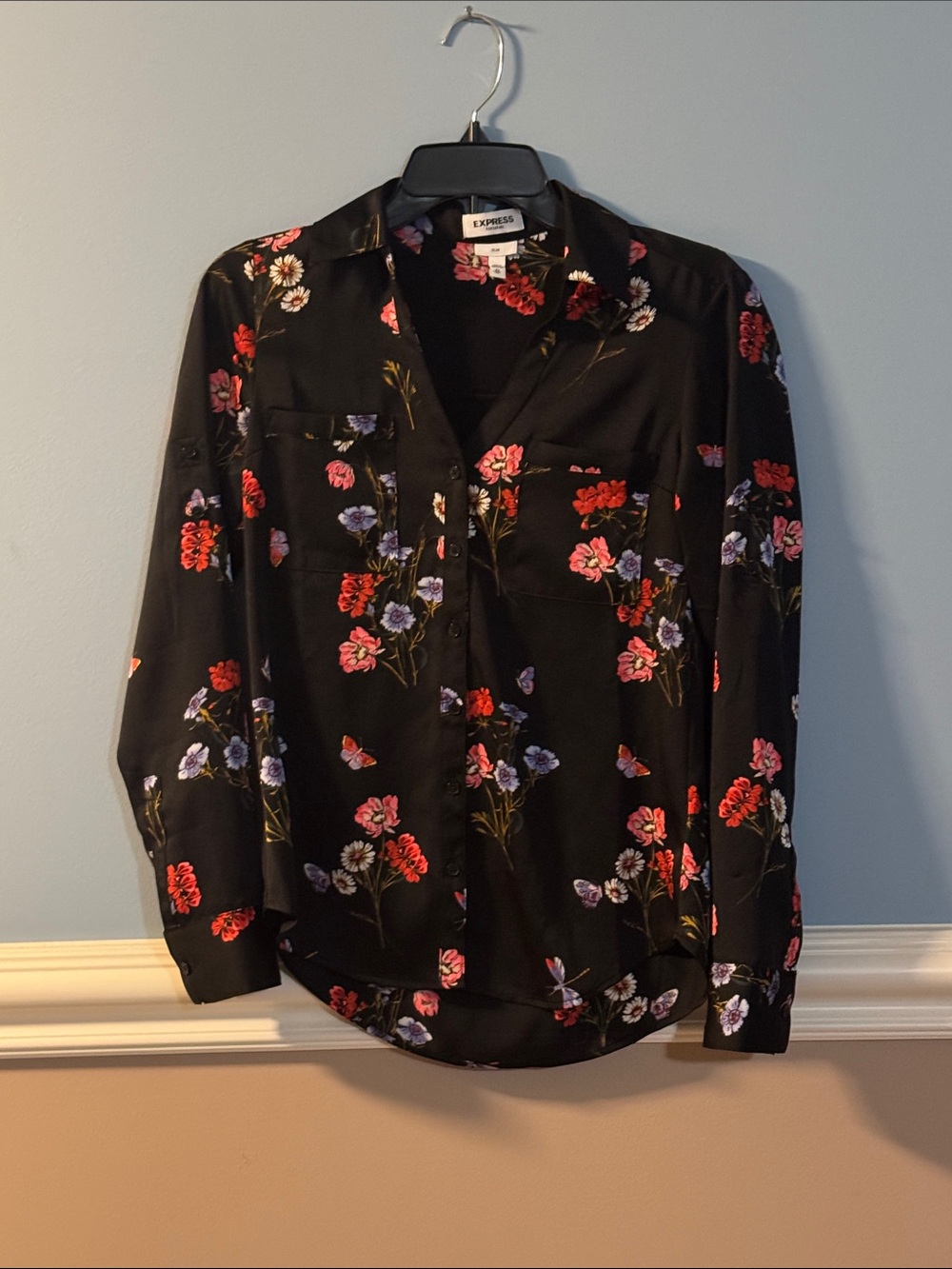 Express slim fit Black Floral Satin Button-Up Shirt